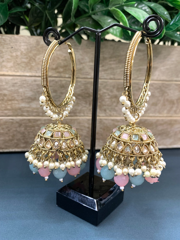 Shabana polki bali hoop jhumki/jhumka mint pink multi