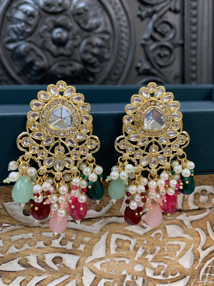 Joel gold kundan stud earring with white pearl and multi crystal