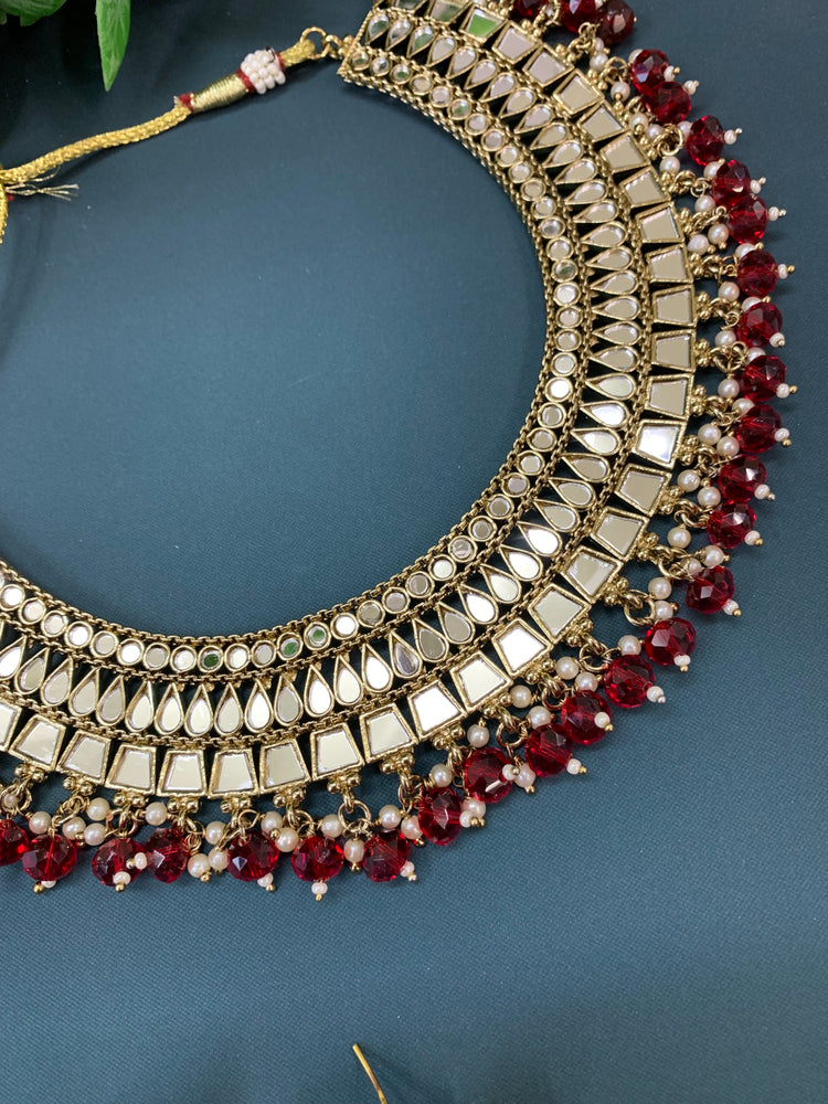 Shreya mirror necklace set with matching Chandbali antique cherry red