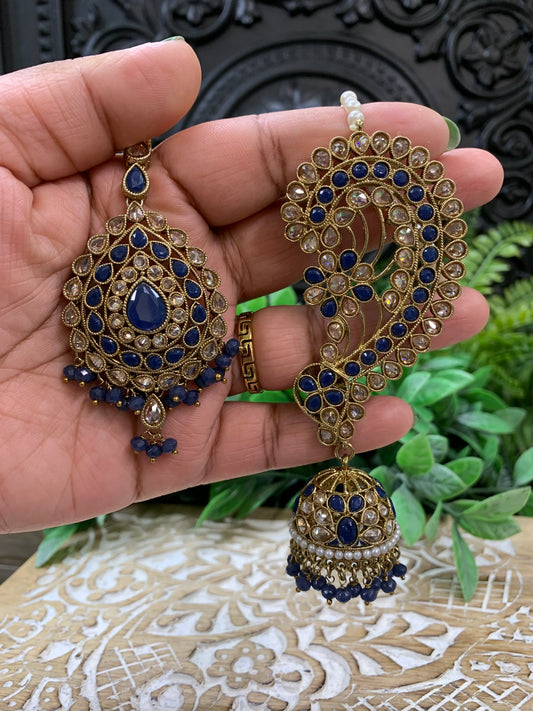 Jacklyn over the ear earring tikka jhumki sahare set blue