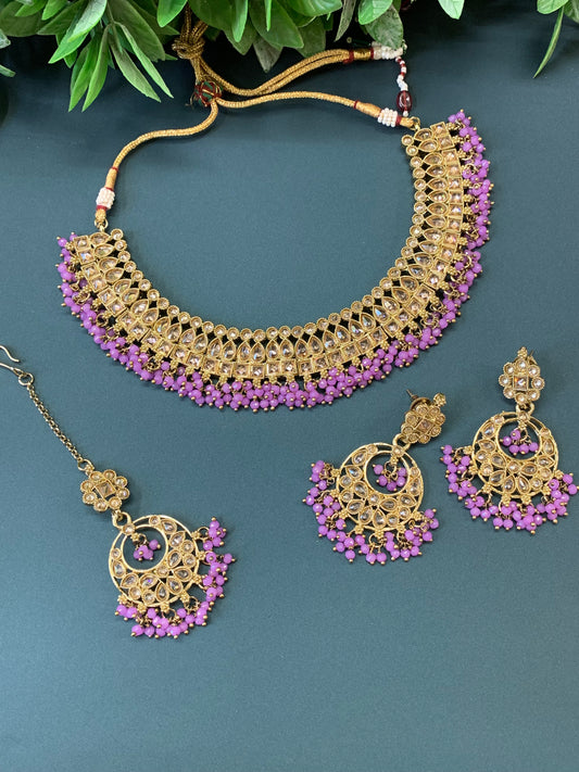 Rashmeet polki necklace with matching earring tikka antique gold lavender