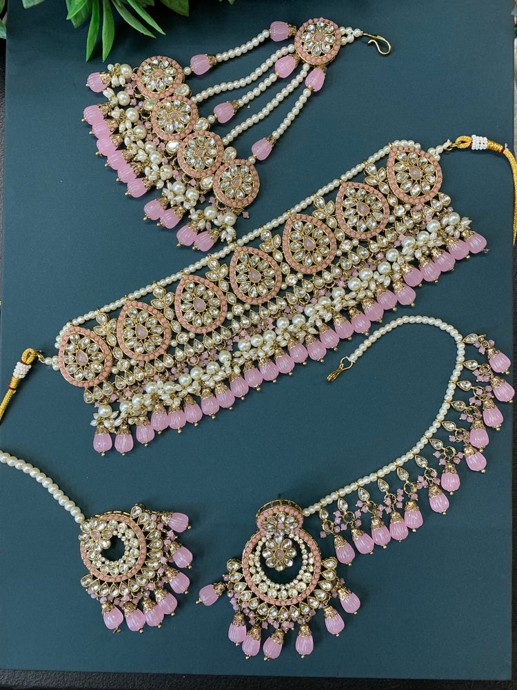 Razia choker necklace set with jhumar pink