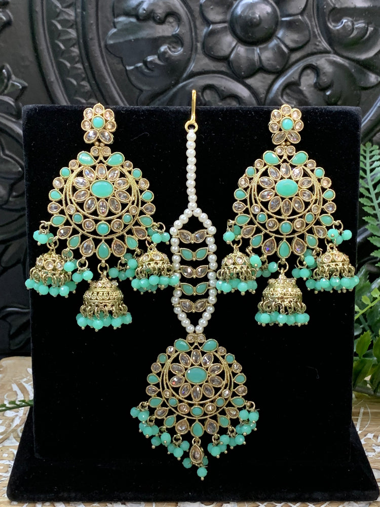 Kiana polki triple jhumki Chandbali style earring with matching tikka tea green