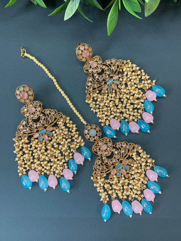 Cara statement polki earring tikka set pearl details and pink blue multi