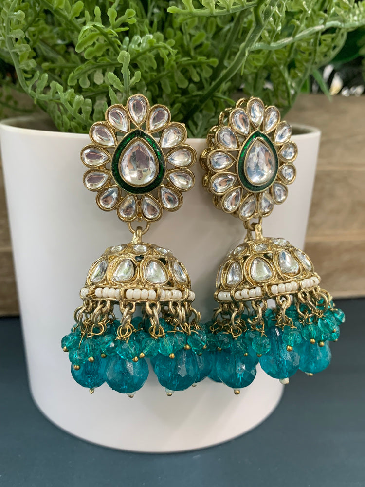 Saniya kundan jhumki/ jhumka earring teal green