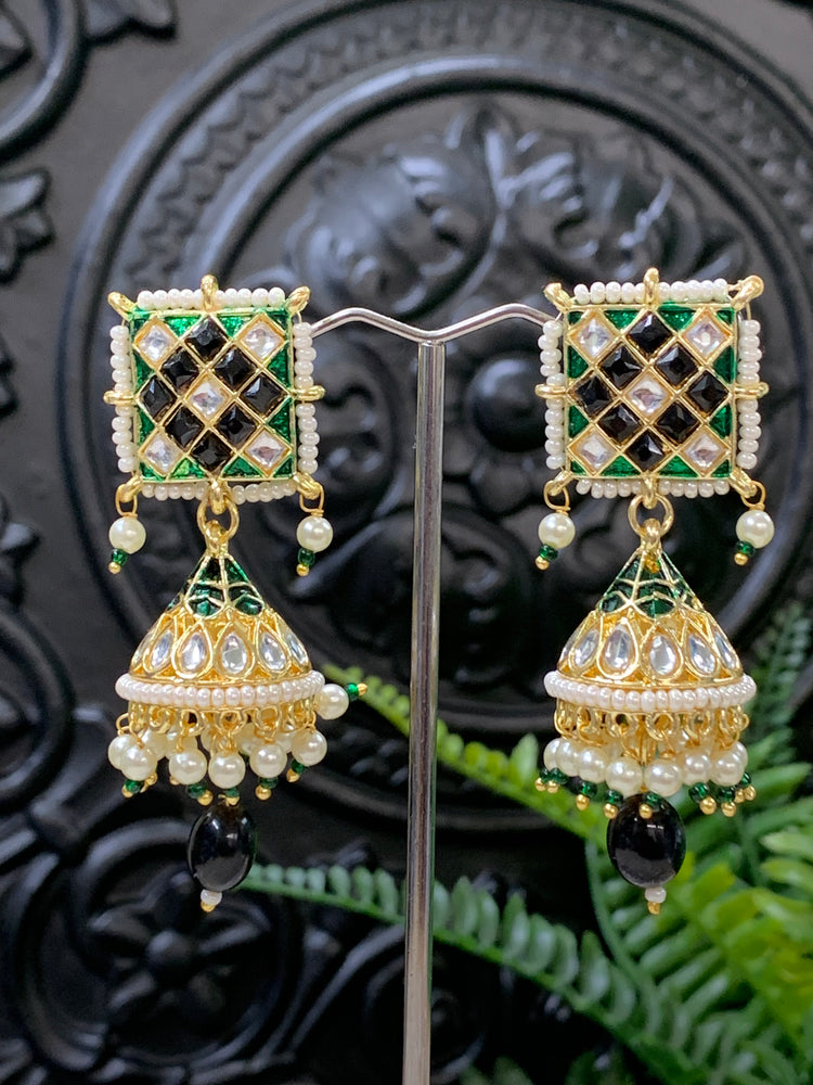 Saru kundan jhumki everyday wear small lightweight black / green