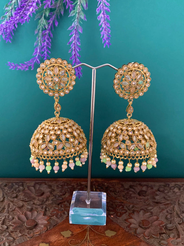 Rashi polki statement jhumki earring antique polki/ white pearl /pastel multi