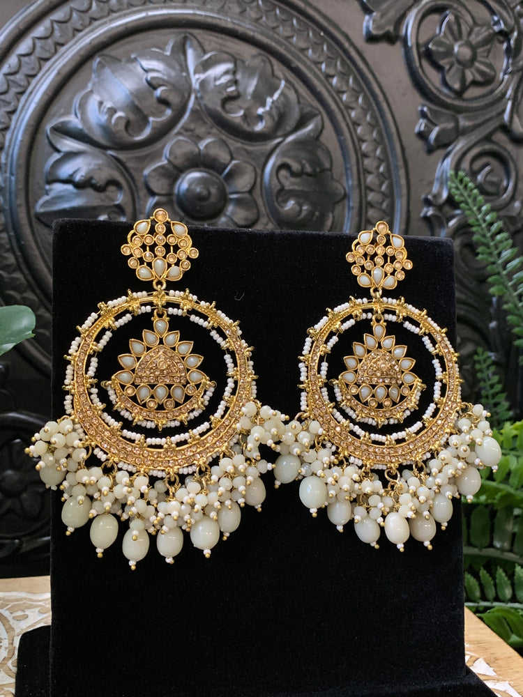 Laila Chandbali fashion statement earring gold base, ash grey drops