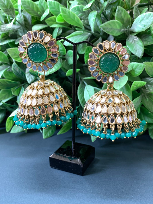 Romi mirror kundan jhumki/ jhumka earring emerald green