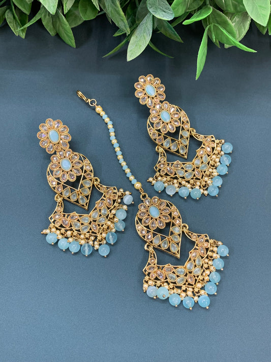 Max tikka set polki earring tikka antique gold / pearl /light blue / sky blue / baby blue