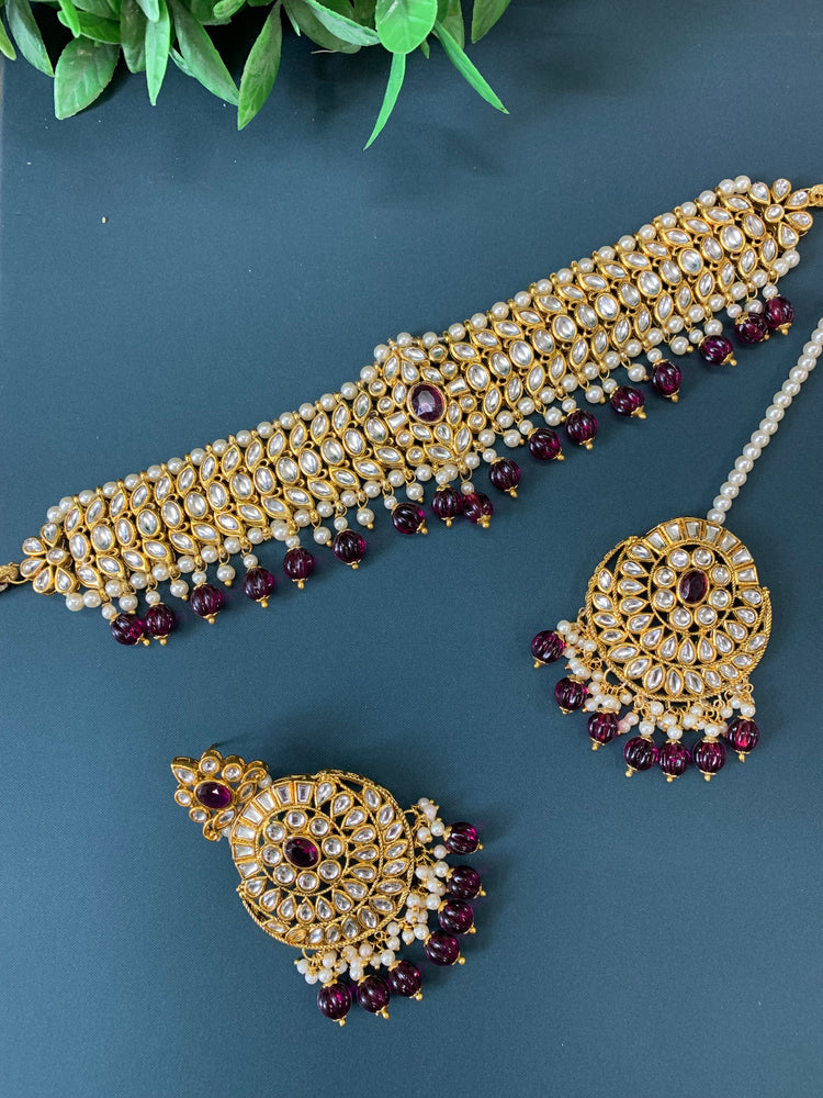 Tessa kundan choker set with matching chandbali and  tikka maroon/ burgundy