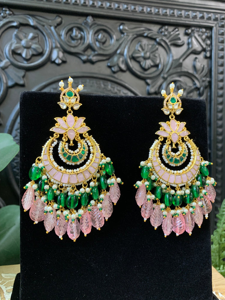 Shanti Pachi kundan earring in pastel pink and emerald green