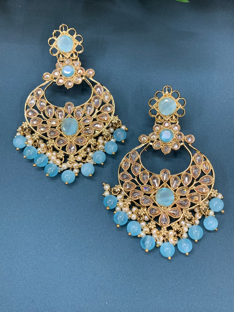 Thea polki chandbali earring antique base antique phirozi blue