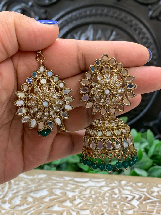 Dana mirror jhumki tikka antique gold and teal green