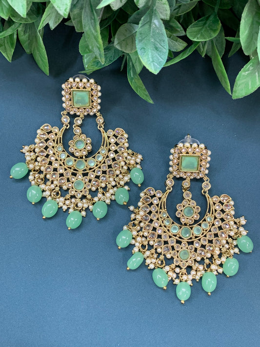 Raisa polki jhumki earring antique polk/ gold /mint green