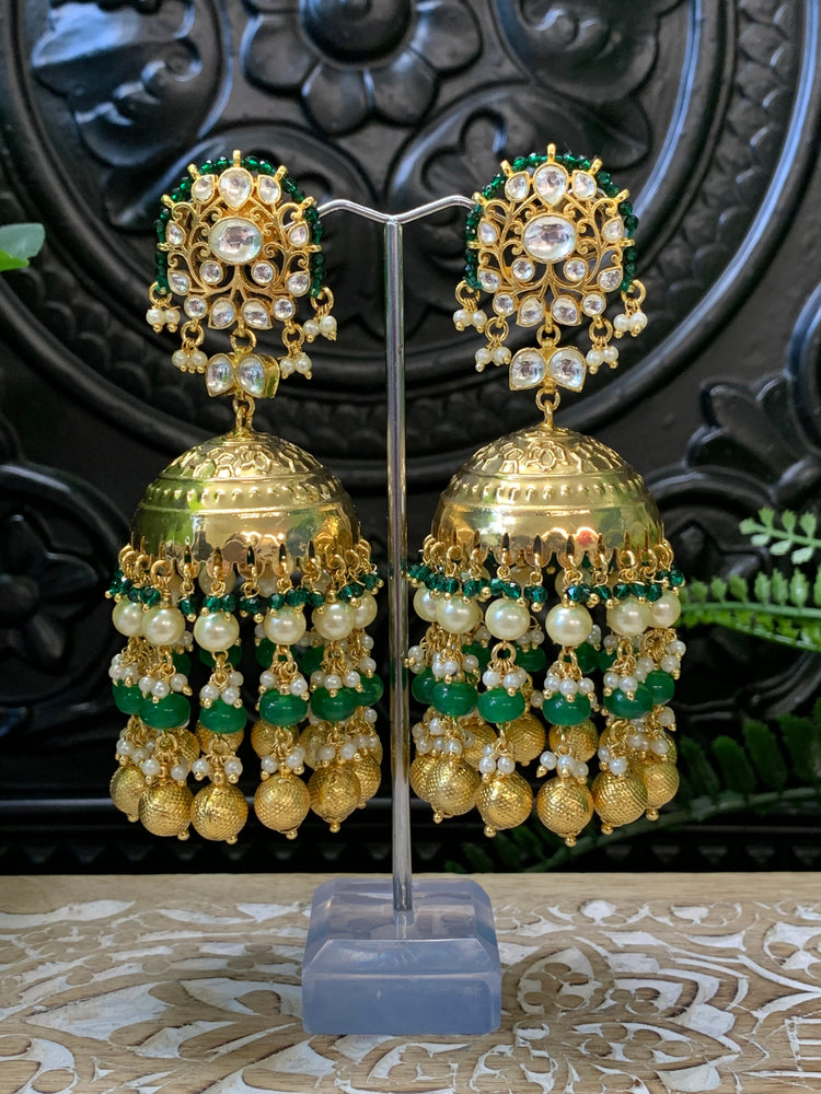 Natasha moissanite kundan jhumki earring emerald green