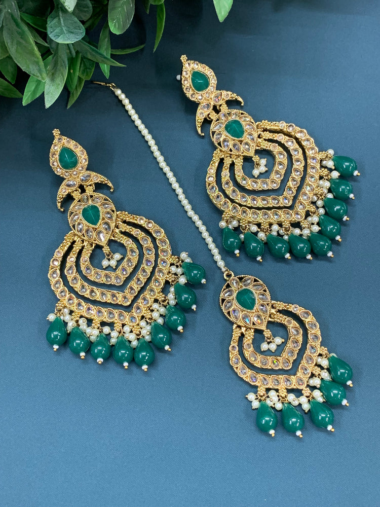 Tara polki Chandbali earring with matching tikka emerald green