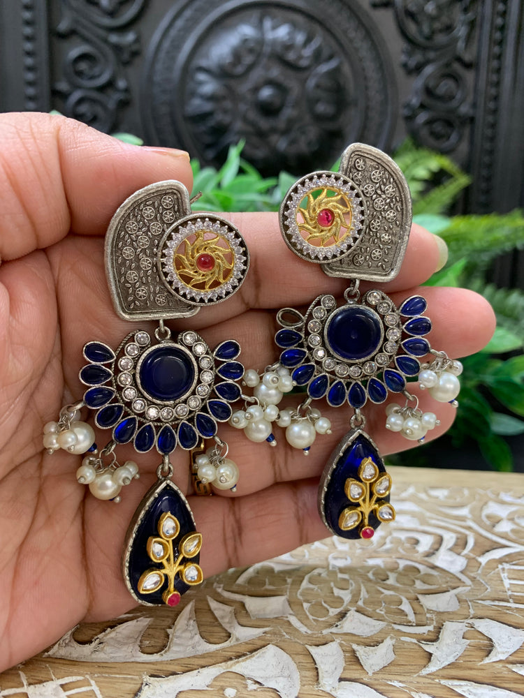 Tannu dual tone chandbali style German silver fusion earring dark navy blue