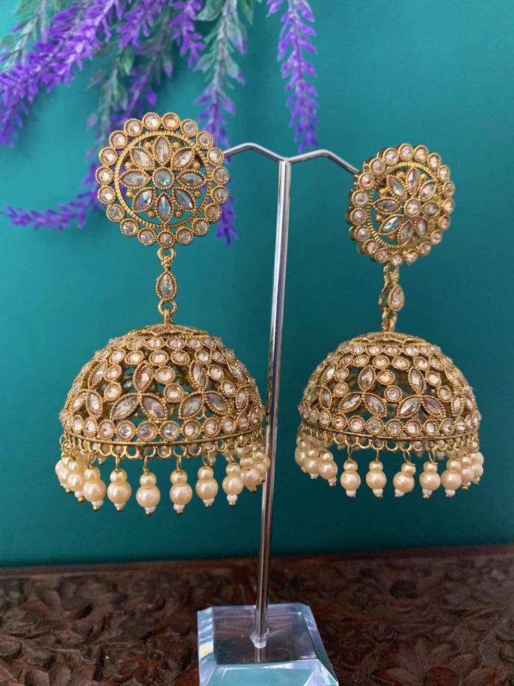 Rashi polki statement jhumki earring antique polki/ white pearl /nude peach