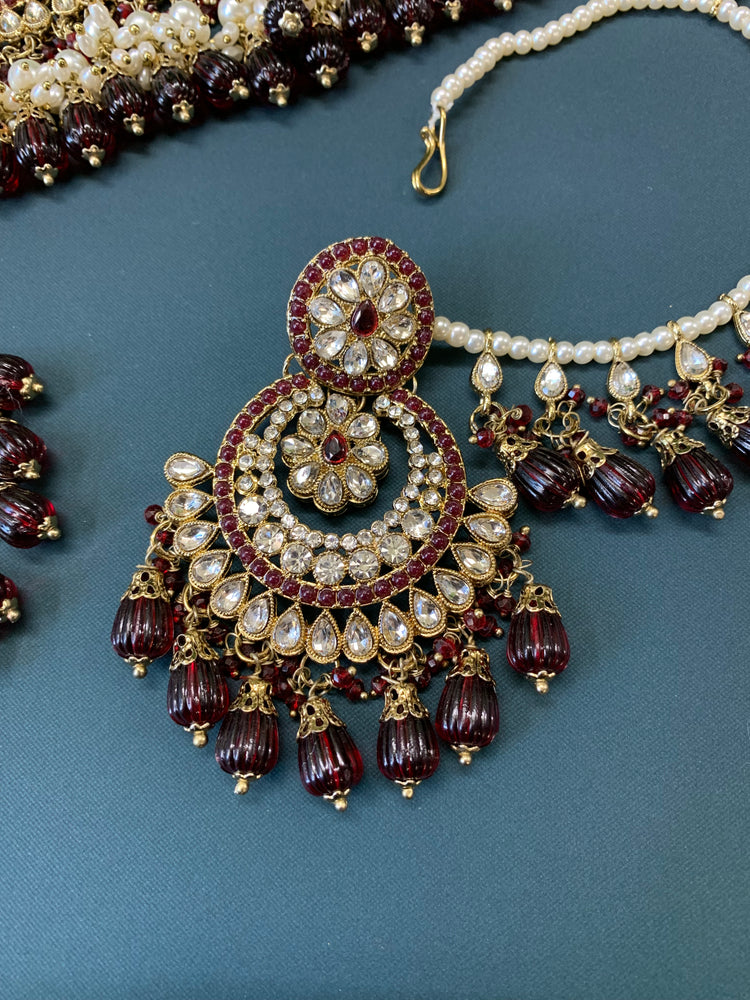 Razia choker necklace set with jhumar red maroon burgundy