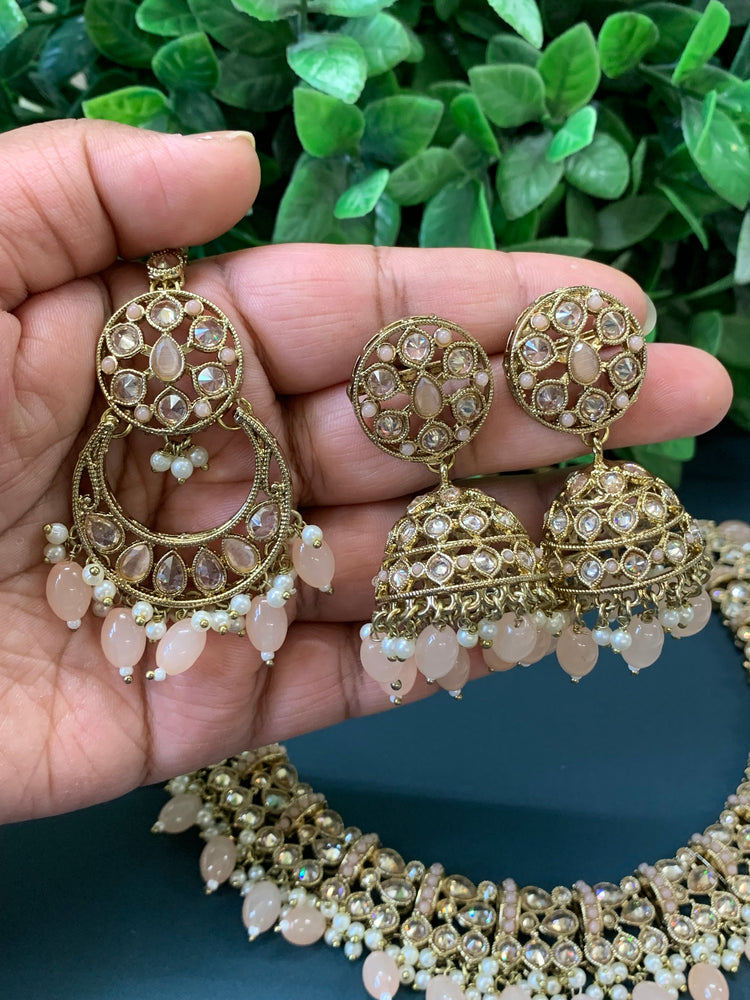 Allan polki necklace with jhumki tikka nude