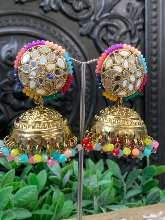 Kerry mirror jhumki tikka antique gold /multi