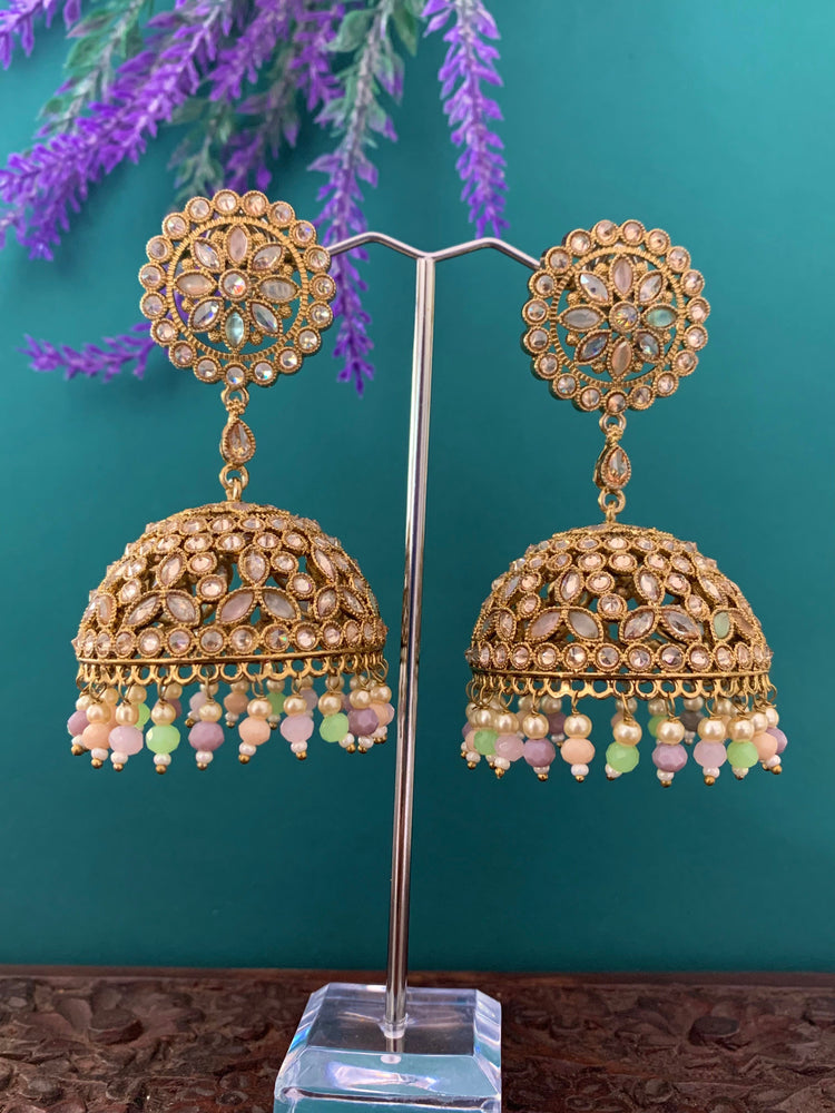 Rashi polki statement jhumki earring antique polki/ white pearl /pastel multi