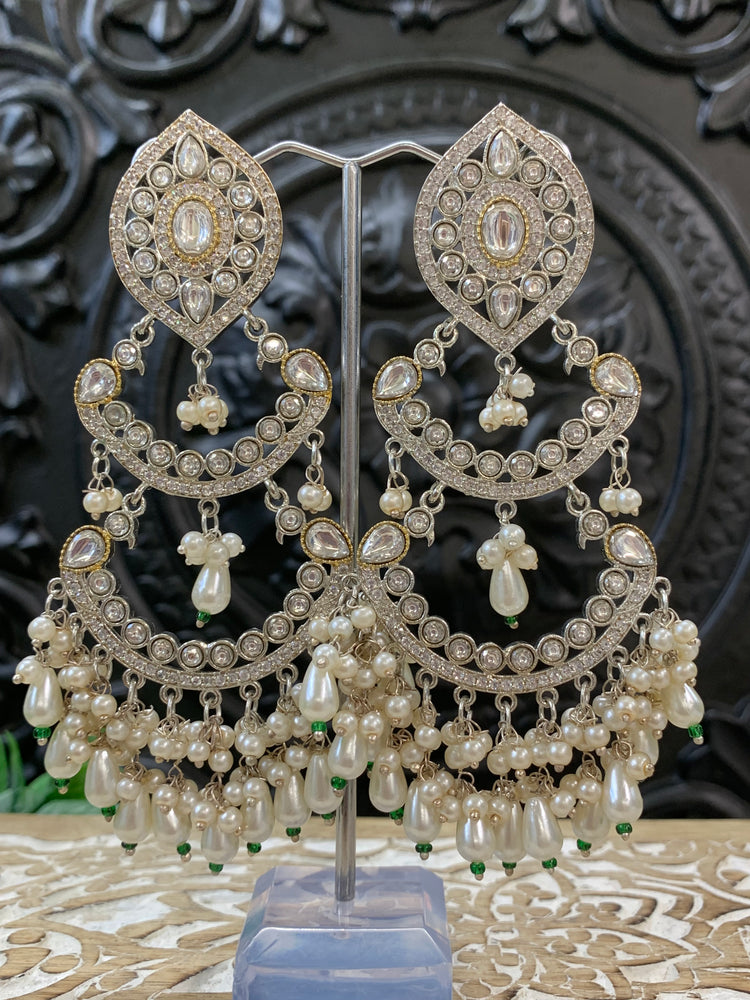 Lauren kundan triple layer chandbali earring silver / white