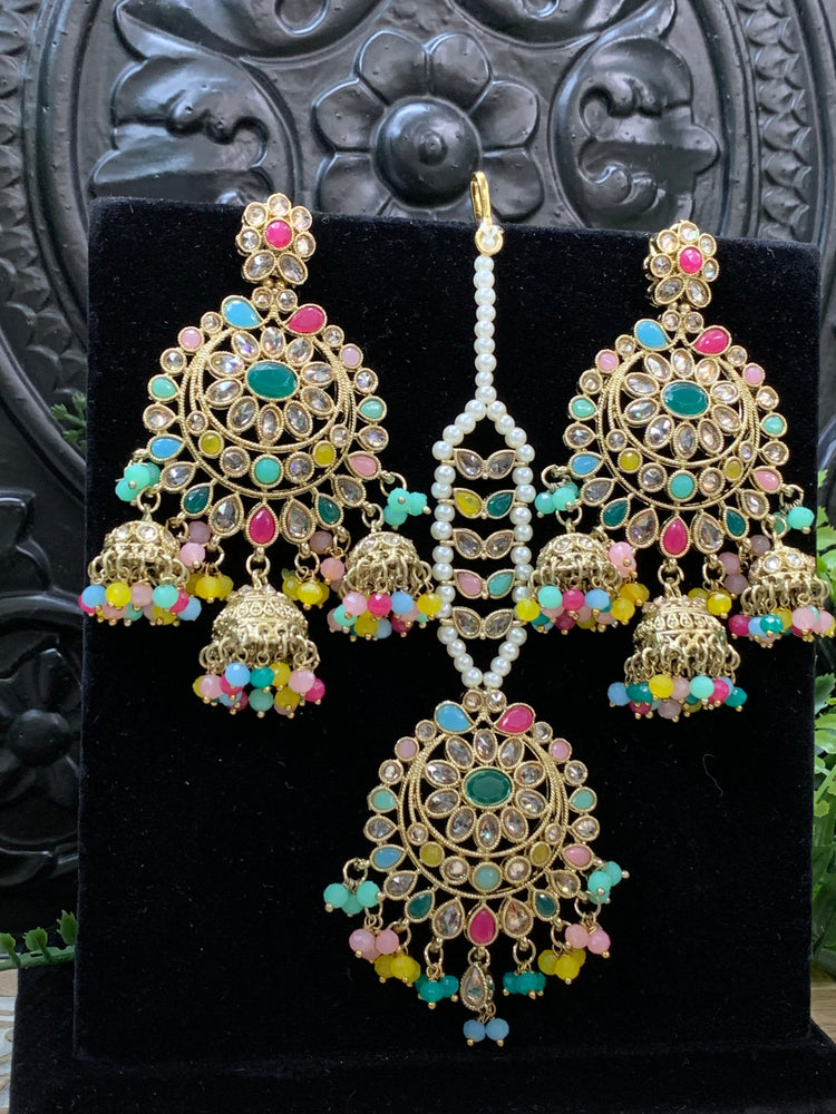 Kiana polki triple jhumki Chandbali style earring with matching tikka multi