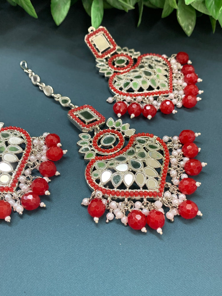 Amrita chandbali mirror earring tikka set red