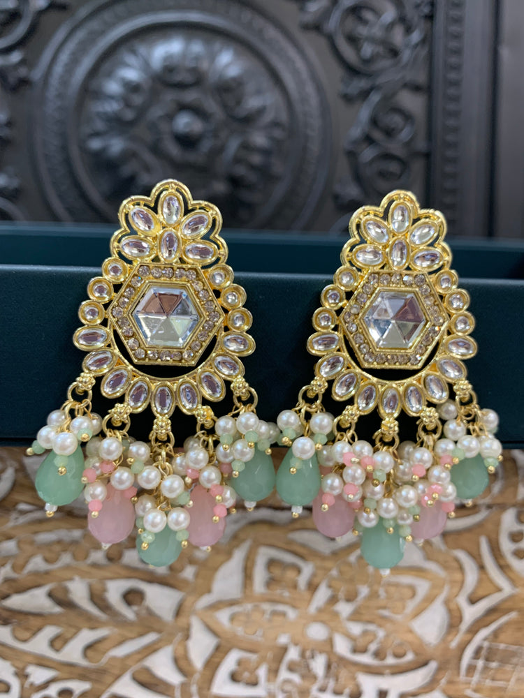 Jill gold kundan stud earring with crystal drops pastel multi