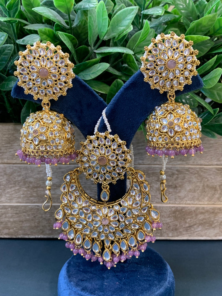 Zia traditional kundan jhumki with sahare and matching oversized tikka gold/lavender Lilac