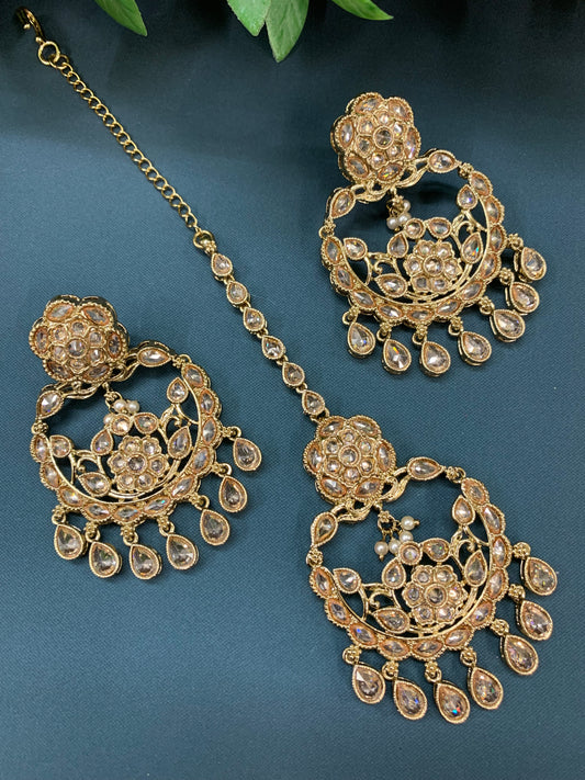 Amna tikka set polki earring tikka antique gold