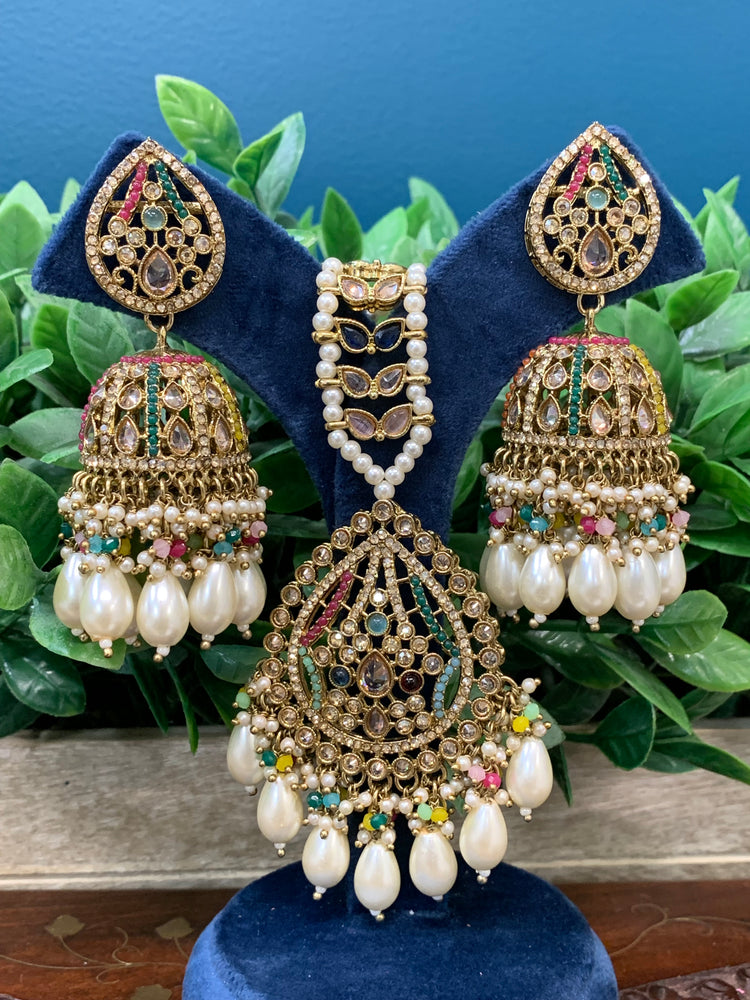 Savana Jhumka/ jhumki tikka set in antique / multi