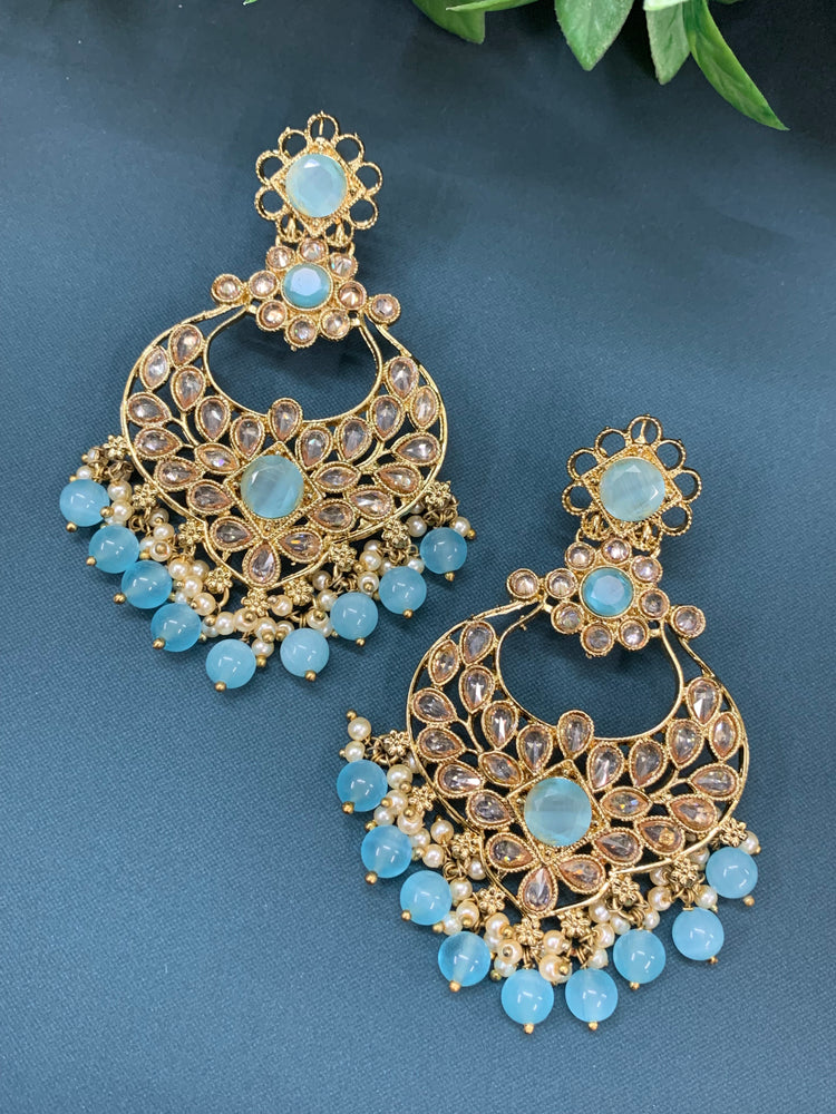 Thea polki chandbali earring antique base antique phirozi blue