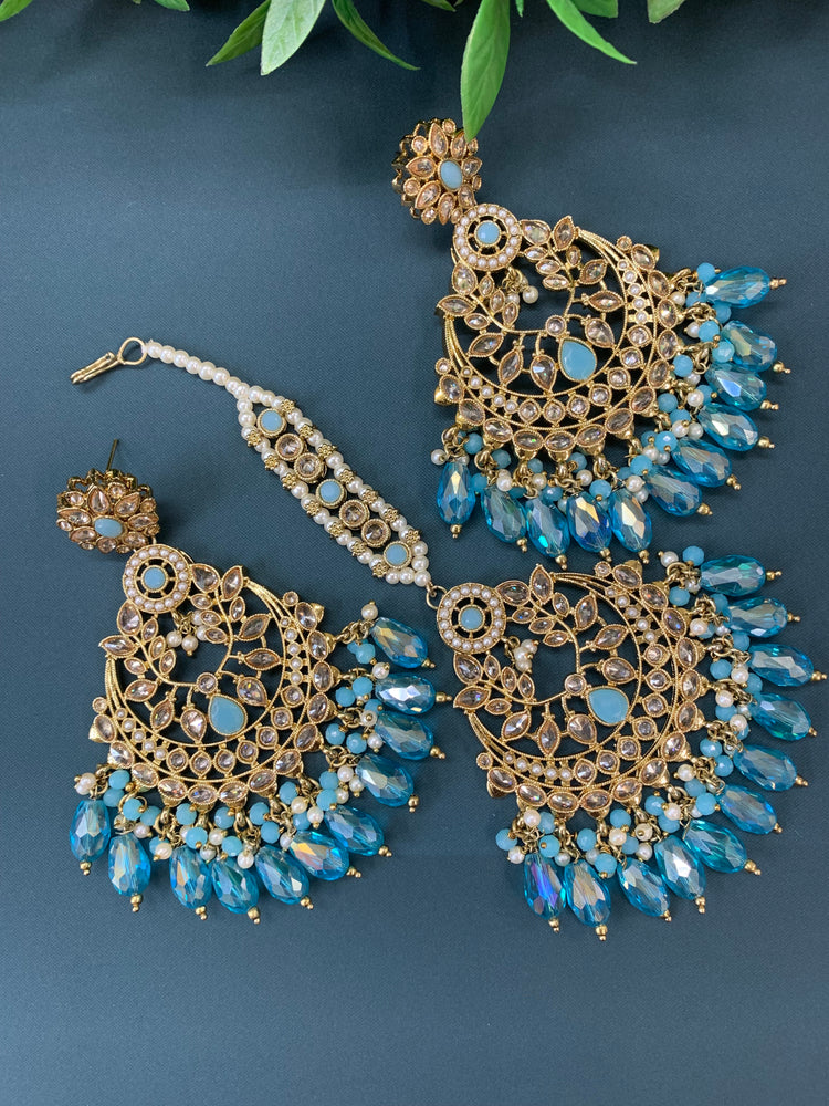 Bulbul polki statement earring tikka set antique gold/ crystal light blue