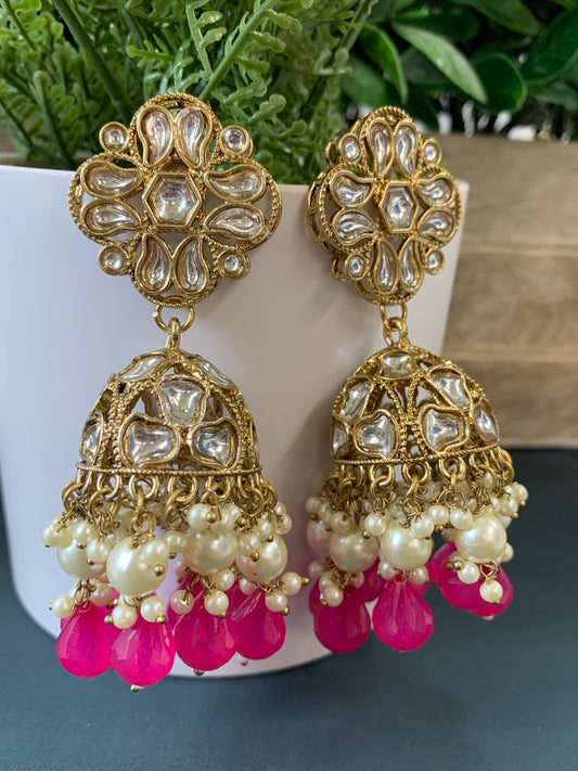 Dia kundan jhumki/ jhumka earring magenta / Rani pink