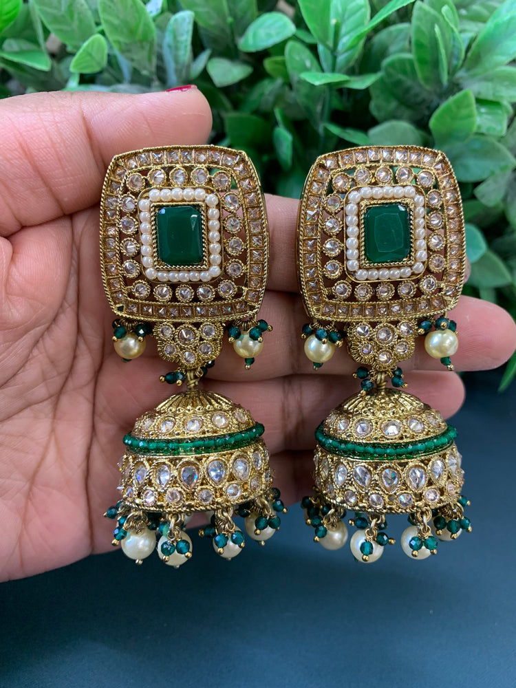 Hania emerald green  polki jhumki tikka set