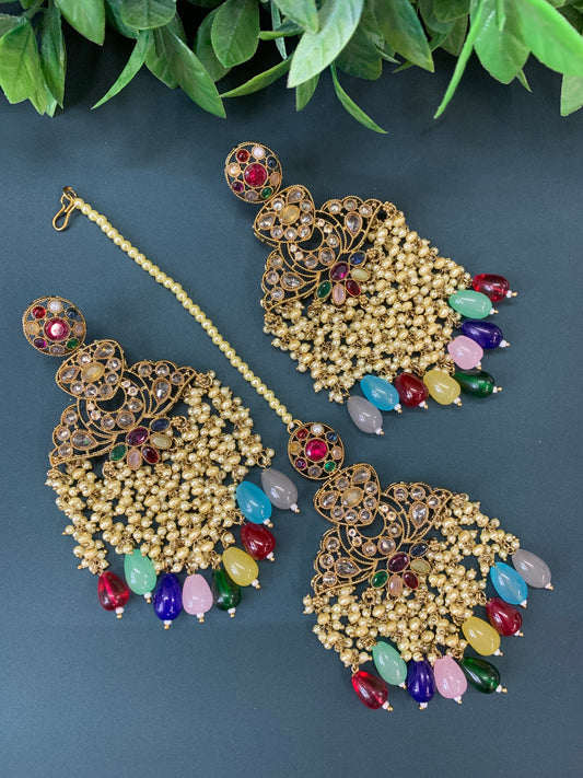 Cara statement polki earring tikka set pearl details and multi