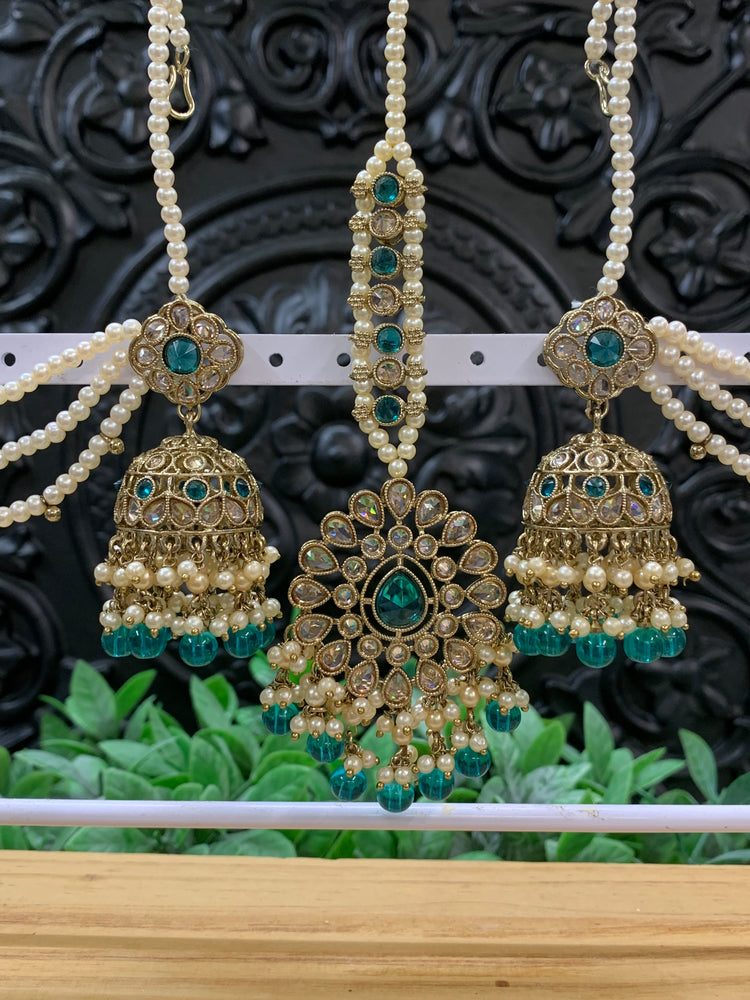 Shana triple layer bahubali sahare jhumki ear chain and matching tikka antique gold /peacock green