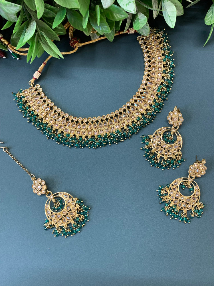 Rashmeet polki necklace with matching earring tikka antique gold teal green