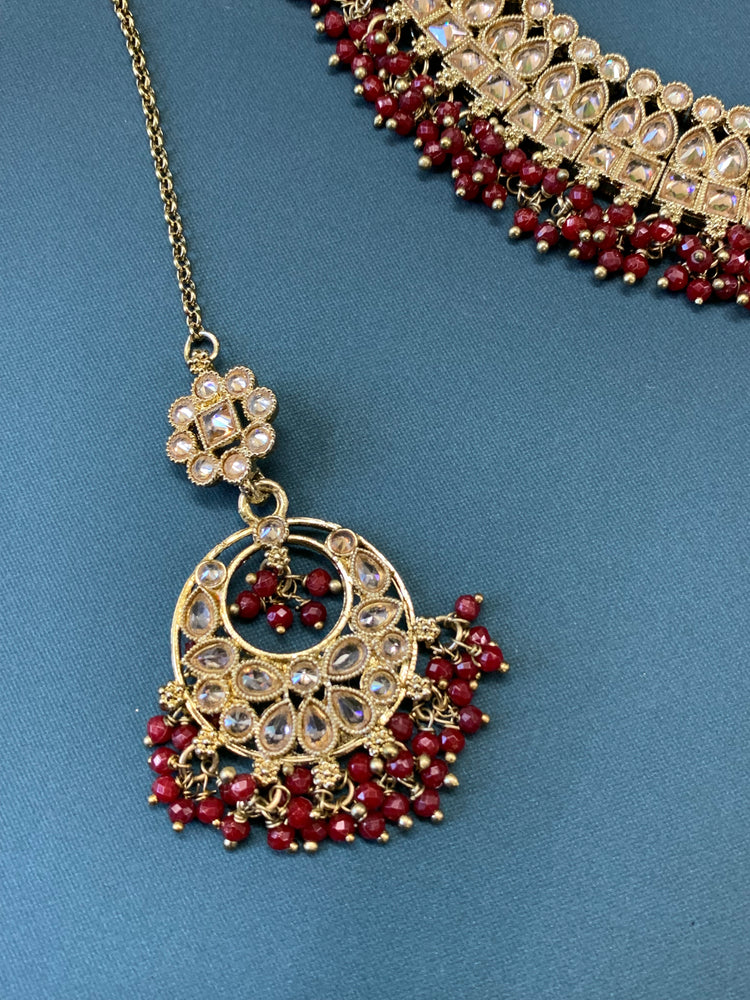 Rashmeet polki necklace with matching earring tikka antique gold red maroon burgundy