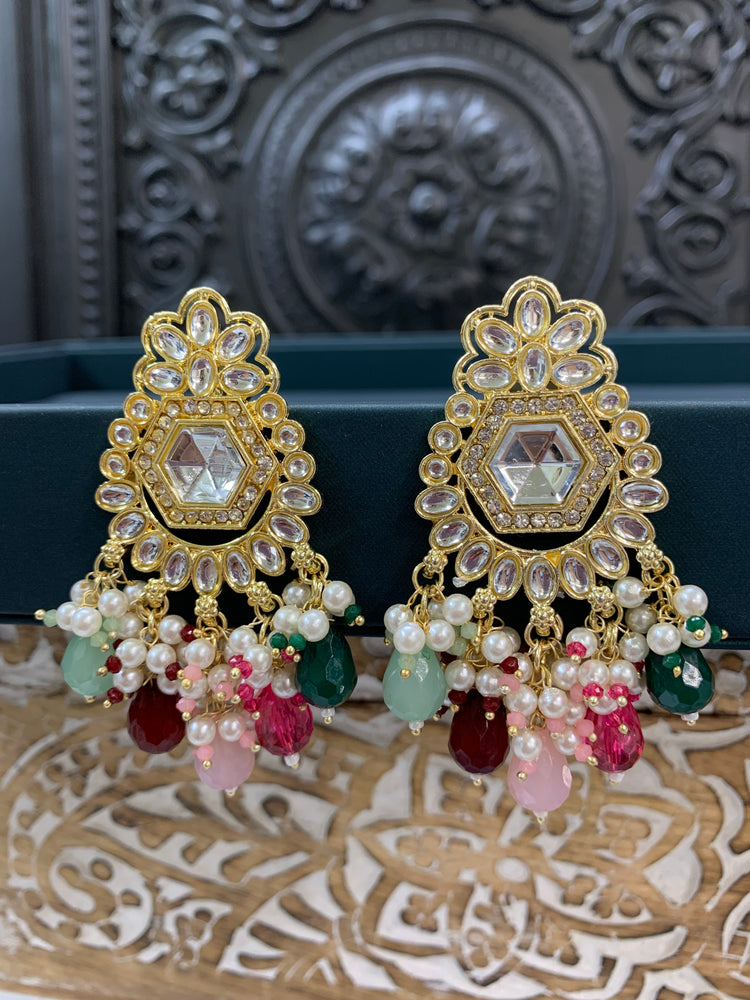 Jill gold kundan stud earring with crystal drops multi