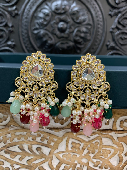 Joel gold kundan stud earring with white pearl and multi crystal