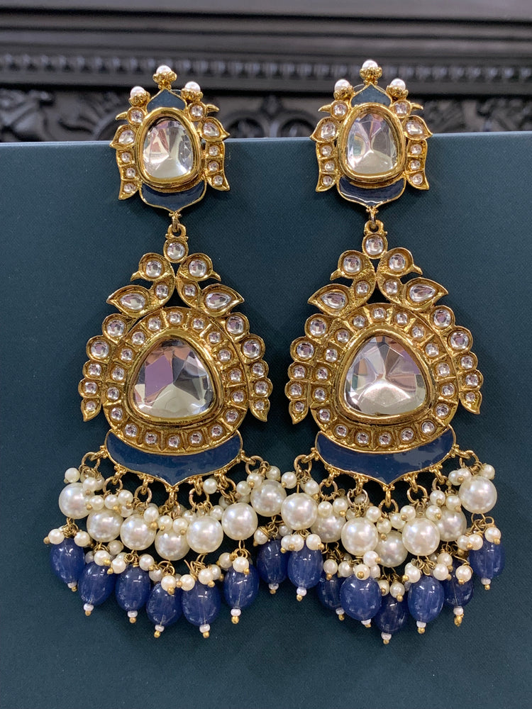 Kim kundan statement fashion earring denim blue