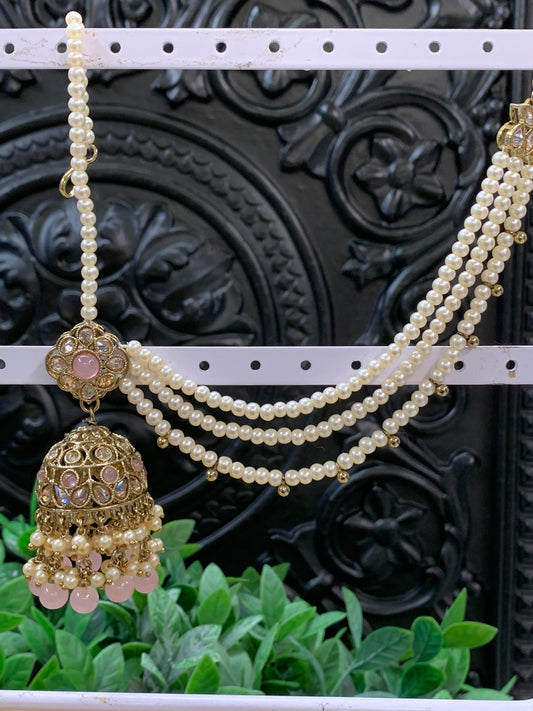 Shana triple layer bahubali sahare jhumki ear chain and matching tikka antique gold /pink