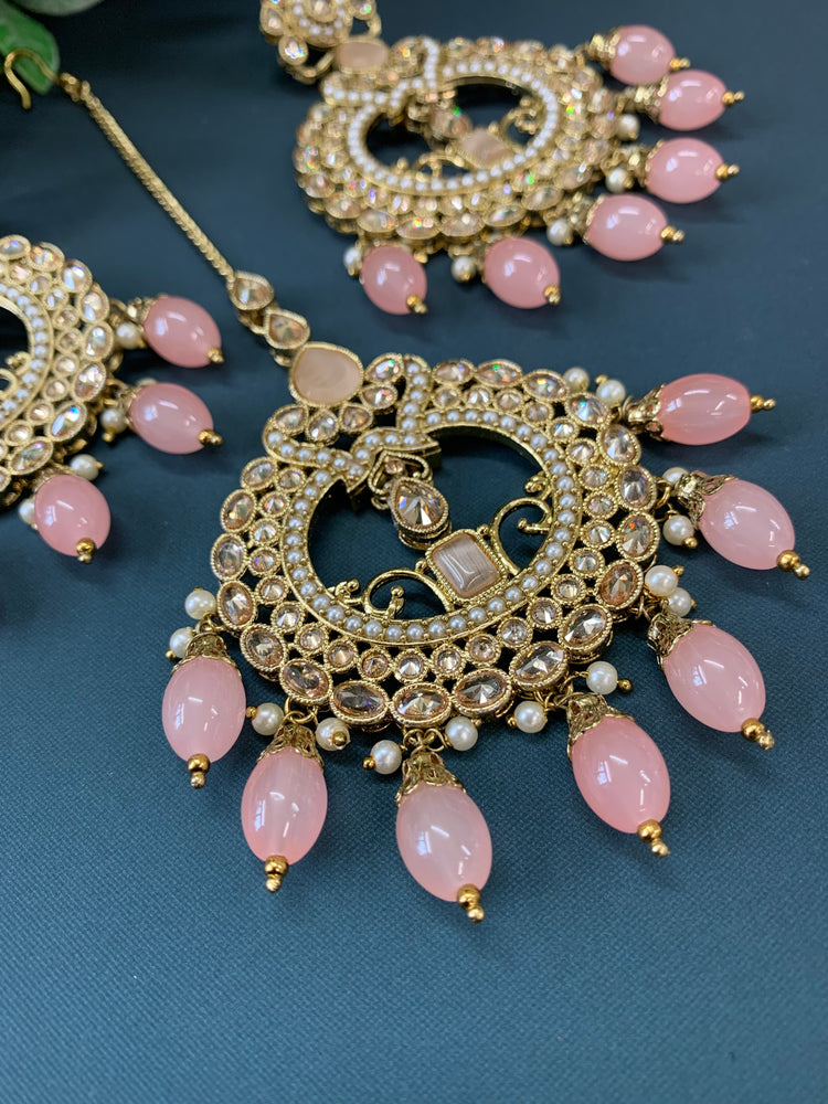 Nardali tikka set polki earring tikka set grapefruit pink