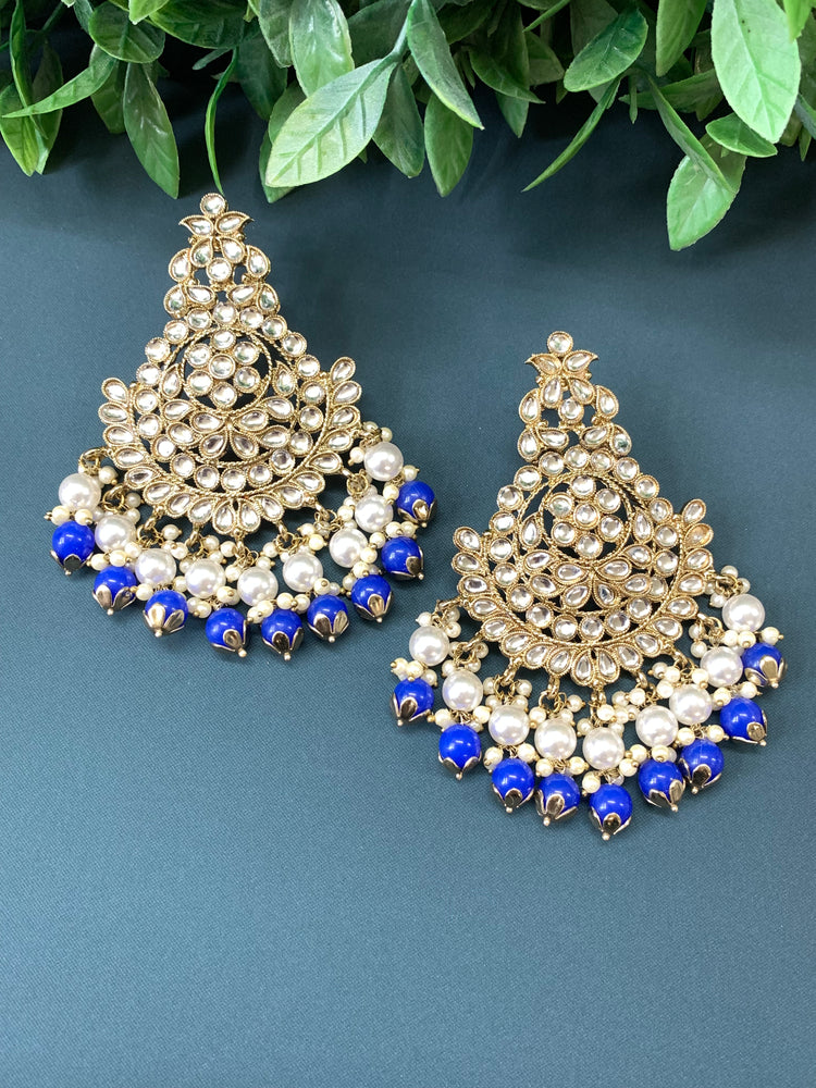 Puspa kundan fashion chandbali style earring set chocolate blue