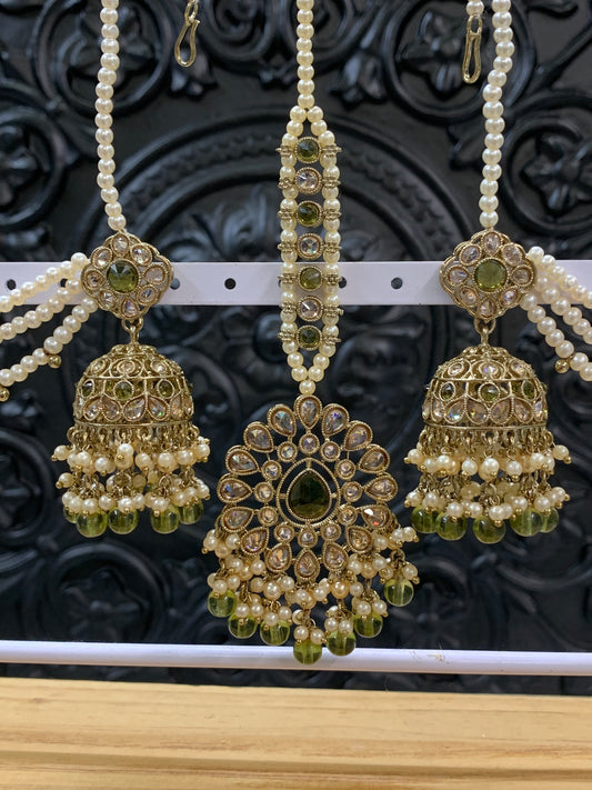 Shana triple layer bahubali sahare jhumki ear chain and matching tikka antique gold /olive green/mahendi green