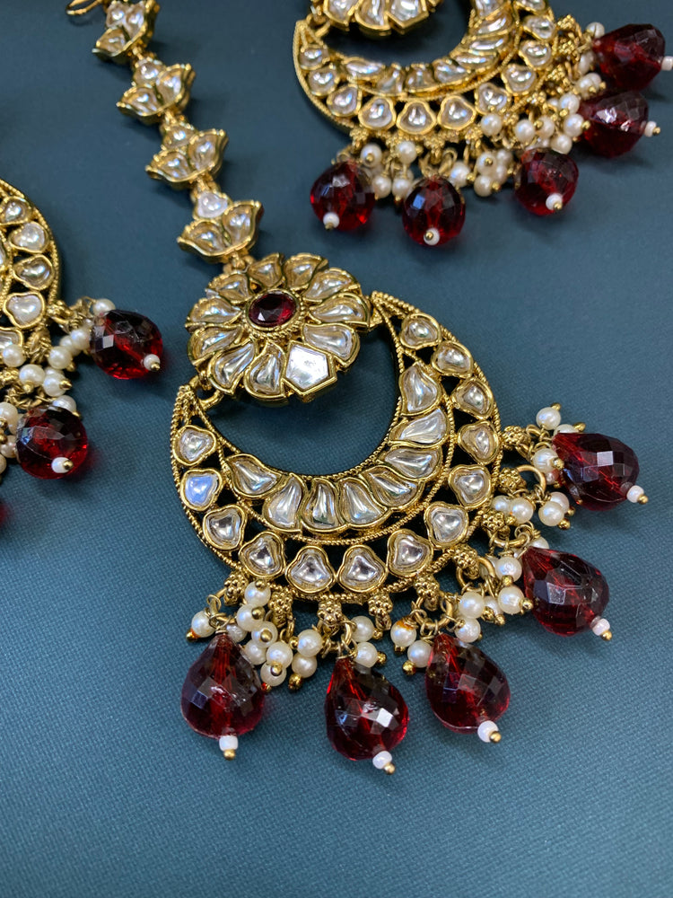 Manjot t kundan earring tikka set maroon red/ burgundy